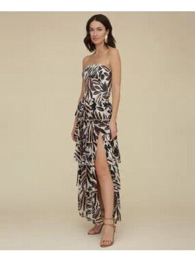Avec Les Filles Strapless Maxi Dress With Tropical Print & Tiered Skirt Size XL